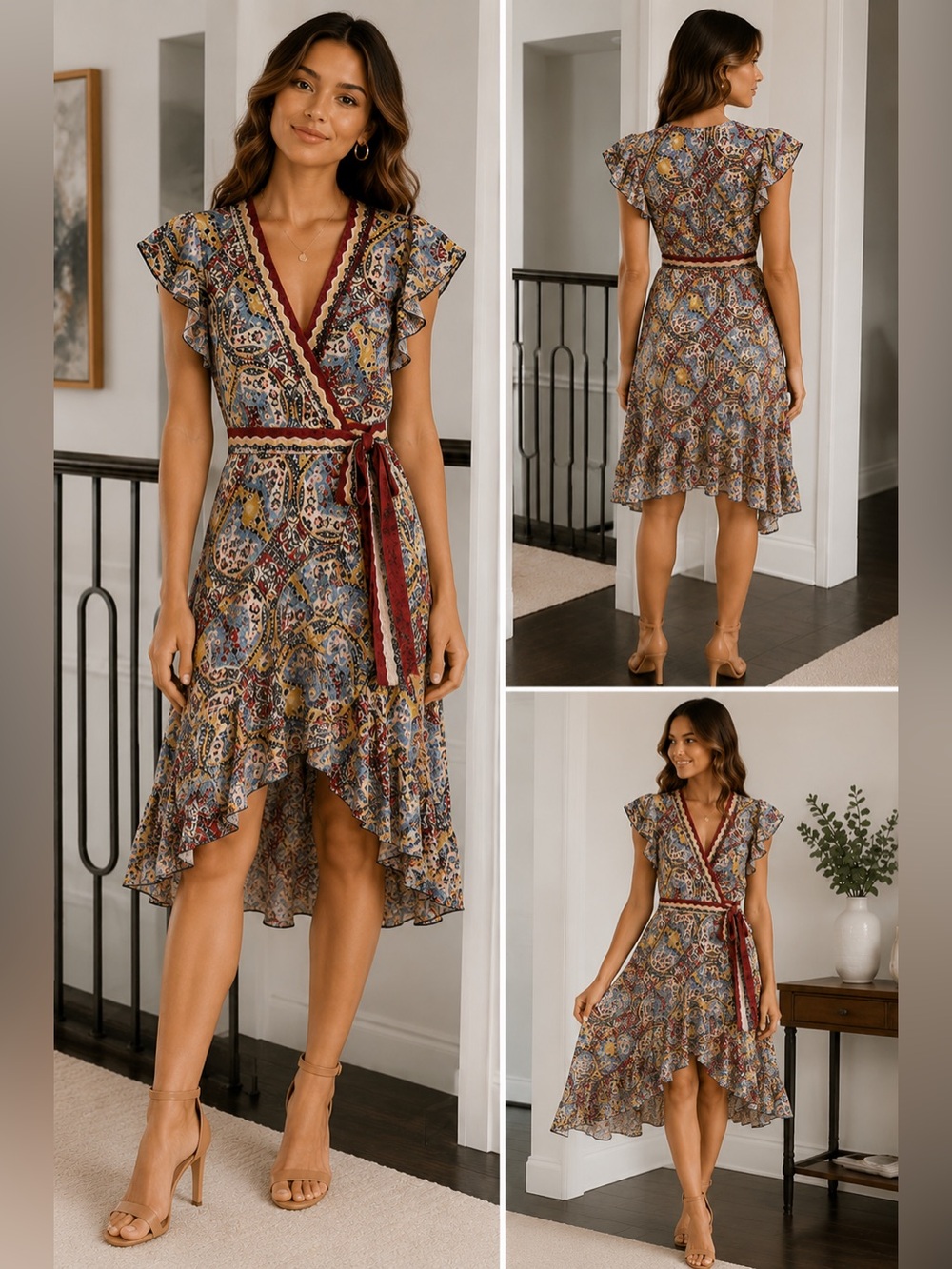 BCBGMAXAZRIA Paisley Wrap Midi Dress XXS Boho Flutter Sleeve Hi Low Dress